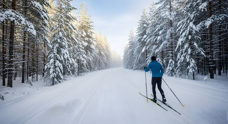 A person seen from behind is cross-country skiing on a groomed, snowy trail through a beautiful winter forest. The tall pine trees are covered in snow, and the sun is shining, creating a peaceful, active, and scenic winter landscape.の素材