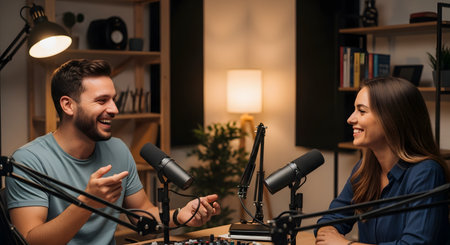 A man and a woman are sitting across from each other at a desk, laughing and talking into microphones while recording a podcast. They are in a home studio setup with a sound mixer and acoustic panels. The image represents communication, content creation, and broadcasting.の素材