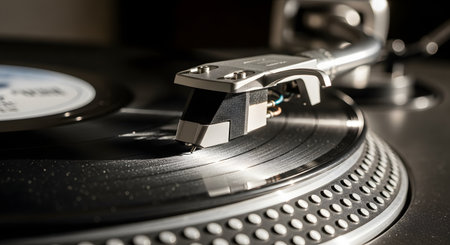 A macro close-up of a record player's stylus (needle) on a spinning black vinyl record. The shot is focused on the tonearm and cartridge, highlighting the grooves of the LP. This image represents vintage music, audiophiles, and retro technology.の素材