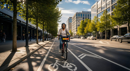 A smiling woman wearing a helmet rides a bicycle with a front basket down a dedicated bike lane in a modern city. The street is lined with trees and office buildings, representing sustainable urban transport and a healthy lifestyle.の素材