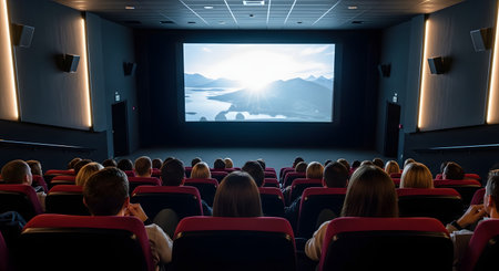 The back view of an audience sitting in red seats in a dark movie theater, watching a film on a large, bright screen. The screen shows a scenic landscape, and the viewers are captivated by the cinema experience.の素材