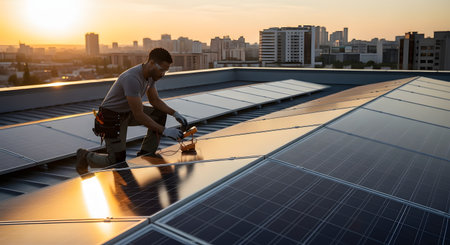 A Black male technician wearing safety goggles and a tool belt kneels on a rooftop to inspect or install solar panels using a multimeter. The sun is setting over a city skyline in the background, casting a golden glow.の素材
