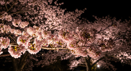 A beautiful close-up of pink cherry blossom (sakura) branches illuminated against a dark night sky. The flowers are lit up, creating a magical atmosphere. This scene represents 'Yozakura' or night cherry blossom viewing.の素材