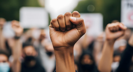 A close-up shot of a person's raised, clenched fist in the air, set against a blurred background of a crowd of protestors. This powerful gesture symbolizes solidarity, protest, social justice, and activism. The image captures the energy of a movement and the fight for rights.の素材