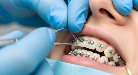A close-up, macro view of a patient's mouth while an orthodontist, wearing blue gloves, uses a dental tool to adjust the ligature ties on their metal braces. This image shows a routine dental procedure for aligning teeth.の素材