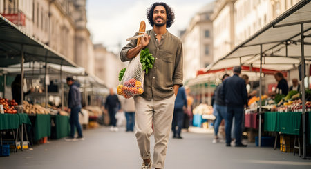 A happy, stylish man with long curly hair walks through a bustling outdoor farmer's market. He is smiling and carrying a reusable mesh bag full of fresh groceries, including fruit and a baguette. The image conveys a healthy, sustainable, and urban lifestyle.の素材