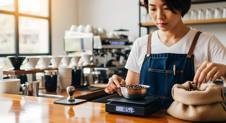 A professional Asian female barista, wearing a denim apron, carefully weighs fresh coffee beans on a digital scale in a modern coffee shop. She is preparing for a precise brewing process, representing the art and craft of specialty coffee.の素材