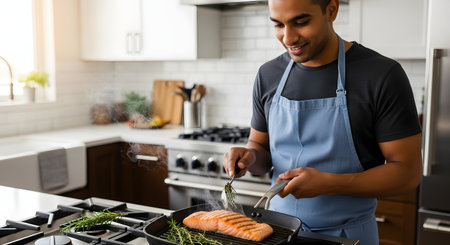 A smiling young man in a blue apron is cooking a salmon fillet in a grill pan on a gas stove in a modern kitchen. He is adding herbs to the steaming fish, enjoying the process of preparing a healthy meal at home.の素材