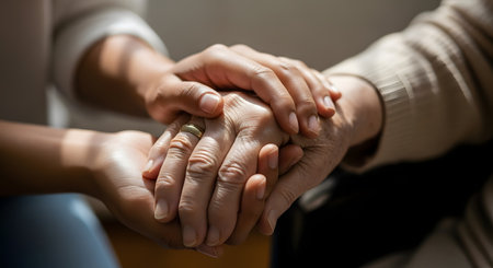 A close-up shot of a younger person's hands gently and supportively holding the wrinkled hands of an elderly person. The image conveys concepts of care, compassion, support, empathy, and the connection between generations. A wedding ring is visible on the older hand.の素材