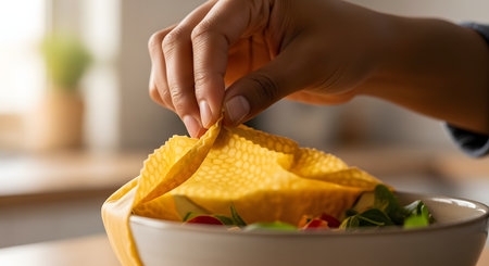 A person's hand is pressing a yellow, patterned beeswax wrap over the top of a white bowl filled with salad. This reusable and eco-friendly wrap is a sustainable alternative to plastic wrap. The scene is in a bright kitchen.の素材