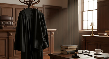 A judge's black robe hangs on a coat stand in an empty, wood-paneled courtroom. On the desk, there is a gavel, books, glasses, and a coffee cup. The scene is lit by a window, suggesting a serious or contemplative mood.の素材