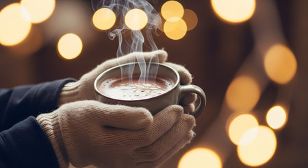 A close-up of a person's hands wearing warm, knitted gloves, holding a green mug of a steaming hot beverage, likely hot chocolate or coffee. The background is filled with warm, golden bokeh lights, creating a cozy winter or holiday atmosphere.の素材