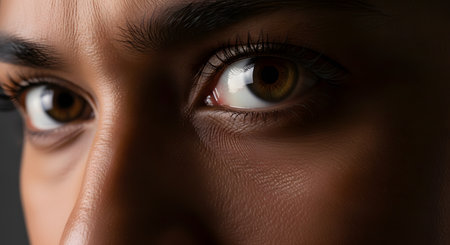 An extreme close-up, macro shot of a woman's beautiful brown eyes, looking intently. The lighting highlights the detail of the iris, eyelashes, and the fine texture of her dark skin.の素材