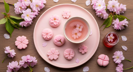 A top-down flat lay of a Japanese spring-themed tea set on a wooden table. A pink plate holds flower-shaped pink mochi and sweets, along with a cup of pink tea with cherry blossoms floating in it, all surrounded by fresh sakura flowers.の素材