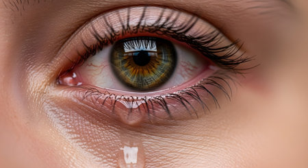 An extreme close-up of a person's eye, which is green and hazel, and bloodshot. A single tear is welling up and rolling down their cheek from the lower lash line. The image conveys sadness, crying, emotion, or eye irritation.の素材