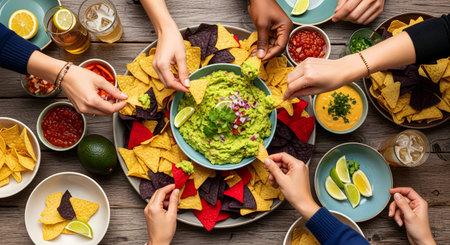 A top-down view of a group of friends sharing a large platter of tortilla chips with guacamole, salsa, and cheese dip. Multiple hands are reaching in to dip chips, creating a fun, social atmosphere of sharing food at a party or gathering.の素材