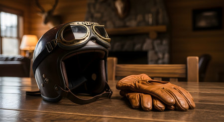A vintage-style brown leather motorcycle helmet with goggles and a pair of matching leather gloves rest on a wooden table. The setting is a cozy, rustic room with a stone fireplace, evoking a sense of adventure, classic style, and the freedom of the open road.の素材