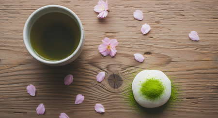 A top-down flat lay view of a traditional Japanese tea setting on a rustic wooden table. A ceramic cup of green tea sits next to a white mochi daifuku dusted with green matcha powder. Delicate pink sakura (cherry blossom) petals are scattered across the scene.の素材