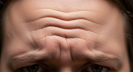 An extreme close-up macro shot of a person's forehead, showing deep horizontal wrinkles and frown lines. The person is frowning, expressing worry, stress, or concentration. This image highlights skin texture, aging, and emotion.の素材