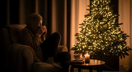 A person in a cozy hooded sweater sits in an armchair in a dark room, drinking a hot beverage from a mug. The scene is warmly illuminated by the lights of a Christmas tree and a candle, creating a peaceful, hygge, and festive holiday atmosphere.の素材