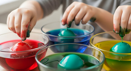 A close-up of a child's hands, stained with dye, dipping eggs into glass bowls filled with colorful red, blue, green, and yellow liquid dye. This is a traditional Easter craft and activity.の素材