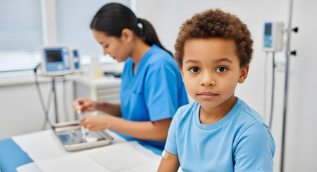 A young Black boy with curly hair sits on an examination table in a hospital room, looking at the camera with a calm expression. In the background, an Asian female nurse in scrubs is blurred, preparing medical equipment.の素材