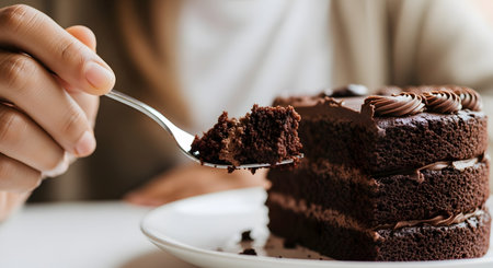 A close-up of a person's hand holding a fork with a bite of rich, multi-layered chocolate cake. The rest of the chocolate fudge cake, with frosting between the layers, is on a white plate. This image represents indulgence, dessert, and sweet food.の素材
