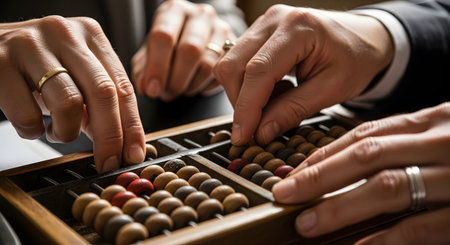 A close-up view shows the hands of two men in business attire, both wearing wedding rings, as they manipulate the beads on a traditional wooden abacus. They appear to be calculating or auditing together. This image represents traditional accounting, finance, teamwork, and calculation.の素材