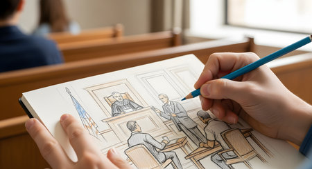 A courtroom sketch artist's hands are shown drawing a trial scene in a sketchbook with colored pencils. The drawing depicts the judge, lawyers, and defendants in a wood-paneled courtroom. This image represents the legal process, reporting, and a unique artistic skill.の素材