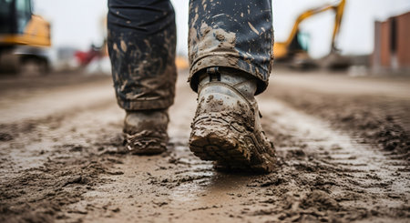 A low-angle, close-up shot focusing on a construction worker's heavily mud-caked work boots. The worker is walking on a muddy construction site, with heavy machinery blurred in the background, symbolizing hard work and labor.の素材