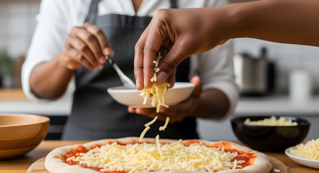 Close-up of a hand sprinkling shredded mozzarella cheese onto a pizza base covered in tomato sauce. In the background, another person in an apron is blurred, suggesting a cooking class or making pizza at home.の素材