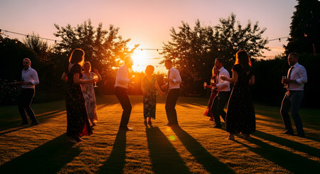 A group of well-dressed people are dancing and socializing on a green lawn at sunset. The golden hour light casts long shadows, and string lights are visible above. The scene evokes a joyful, celebratory atmosphere, likely a wedding reception or garden party.の素材