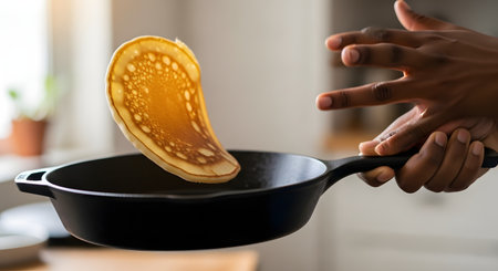 A close-up of a person's hands skillfully flipping a golden-brown pancake in a black cast iron skillet. The pancake is captured mid-air, showcasing a dynamic cooking moment. This image represents breakfast, homemade food, cooking skills, and a morning routine.の素材