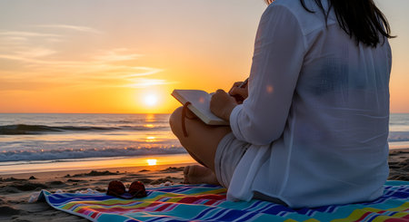 A woman sits on a colorful blanket on a sandy beach, writing in a journal during a beautiful golden sunset. The sun is setting over the ocean, and her sunglasses are resting on the blanket next to her.の素材
