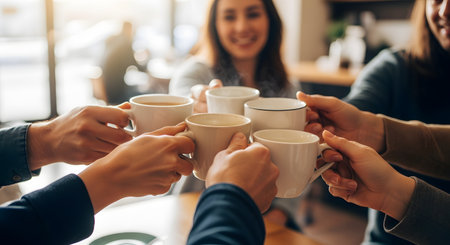 A close-up of several hands as a group of friends toast together with ceramic coffee mugs in a cozy cafe setting. The gesture represents friendship, celebration, and social connection, with a smiling woman visible in the background.の素材