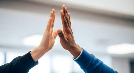 A close-up shot of two diverse hands, one with a lighter skin tone and one with a darker skin tone, meeting in a high five. The background is a blurred, bright office or indoor setting. This image symbolizes teamwork, success, celebration, partnership, and diversity.の素材