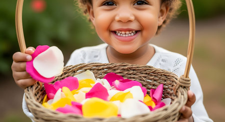 A close-up portrait of a joyful young African American girl with a bright smile, holding a wicker basket filled with colorful rose petals. She is holding up a pink and white petal, looking happy and innocent in a garden setting.の素材