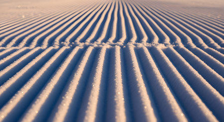 A close-up,low-angle shot of a freshly groomed ski slope,showing a perfect corduroy pattern in the snow. The low sunlight at sunrise or sunset creates long blue shadows,highlighting the texture and tranquility of the mountain.の素材