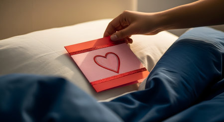A hand gently places a red and pink Valentine's Day card with a heart on a white pillow, next to someone sleeping under blue covers. This intimate gesture captures a moment of romantic surprise, love, and affection in the morning.の素材