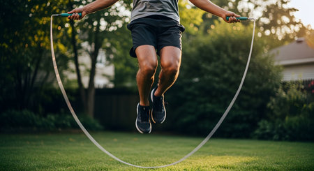 A low-angle shot captures a fit man jumping rope outdoors on a grassy lawn in a backyard. He is in mid-air, engaging in a cardio workout, with the blurred jump rope in motion around him and warm sunlight in the background.の素材