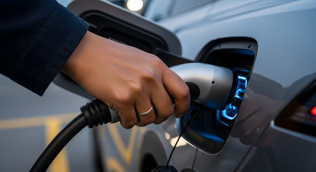 A close-up of a person's hand plugging a charger into the port of a modern electric car. The charging port is illuminated with a blue light, symbolizing the refueling of an EV, green technology, and a sustainable transportation future.の素材