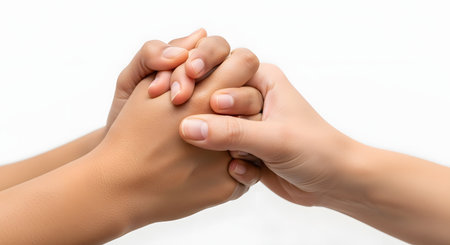 Two hands are clasped tightly together against a plain white background. The gesture can represent support, comfort, prayer, unity, or a strong partnership.の素材