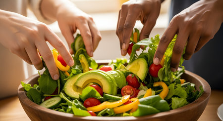 A close-up shot of a large wooden bowl filled with a fresh, colorful garden salad. Two pairs of hands, one with light skin and one with dark skin, are tossing the salad, which includes avocado, cherry tomatoes, bell peppers, and mixed greens.の素材