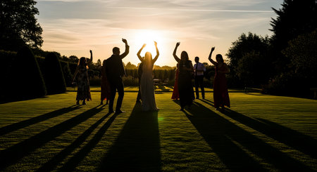 Silhouettes of a group of friends in formal wear dancing and raising their hands in a grassy garden during a vibrant sunset. Their long shadows stretch across the lawn, capturing a moment of celebration, joy, and friendship.の素材