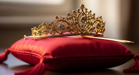 An ornate, gold tiara with intricate filigree and sparkling crystals rests on a plush red silk cushion with tassels. The elegant crown is lit by soft light, evoking themes of royalty, luxury, weddings, and pageantry.の素材