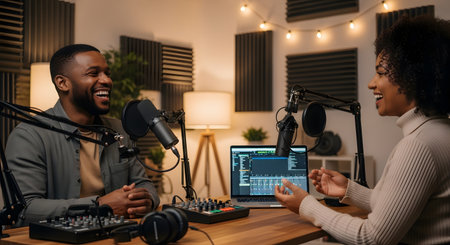 A Black man and woman, both smiling and laughing, record a podcast in a professional studio. They sit at a desk with microphones, a mixer, and a laptop, surrounded by acoustic panels and warm string lights.の素材