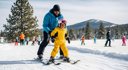 A smiling father teaches his young child to ski on a sunny winter day. They are on a groomed beginner slope at a ski resort, with other skiers and snow-covered trees in the background.の素材