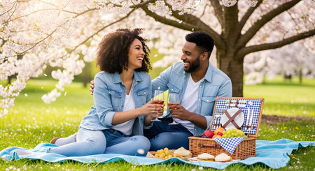 A happy African American couple enjoys a romantic picnic on a blue blanket in a park. They are toasting with wine glasses, surrounded by blooming cherry blossom trees, with a picnic basket and food beside them.の素材