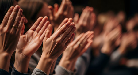 A close-up shot of multiple pairs of hands clapping in an audience. The people are blurred in the background, and the focus is on the hands, conveying applause, appreciation, and support at a concert, theater, or presentation.の素材
