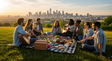 A diverse group of young friends enjoys a picnic on a grassy hill at sunset, with a stunning view of a city skyline in the background. They are sitting on a blanket, eating, drinking, and playing guitar, embodying friendship and leisure.の素材